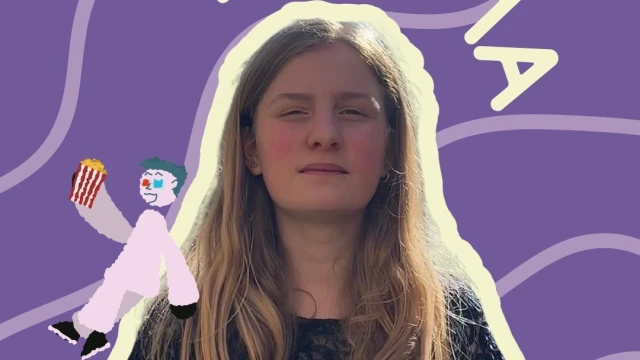 photo de Thelma avec son pr&eacute;nom &eacute;crit autour de sa t&ecirc;te, et un personnage illustr&eacute; pos&eacute; sur son &eacute;paule qui tient un paquet de popcorn